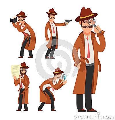 Cartoon private detective. Police inspector vector character set Vector Illustration