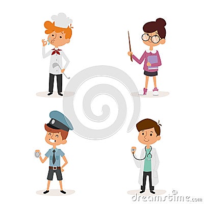 Cartoon profession kids children vector set illustration person childhood chef policeman doctor teacher uniform worker Vector Illustration