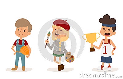 Cartoon profession kids children vector set illustration person childhood painter sportsman builder artist uniform Vector Illustration