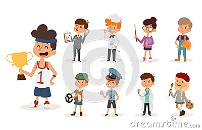 Cartoon profession kids children vector set illustration person childhood painter sportsman chef builder policeman Vector Illustration