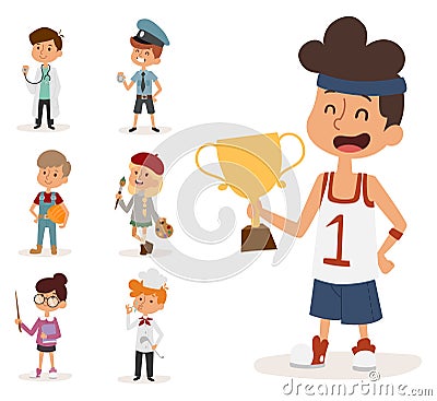 Cartoon profession kids children vector set illustration person childhood painter sportsman chef builder policeman Vector Illustration