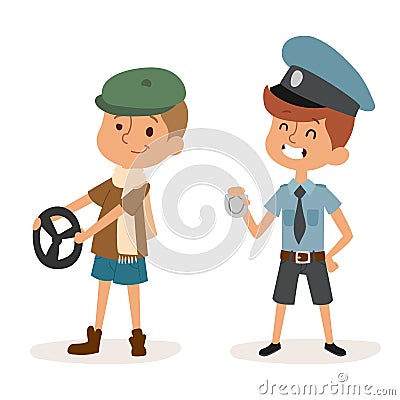 Cartoon profession kids children vector set illustration person childhood policeman driver uniform worker character Vector Illustration