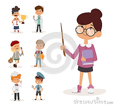 Cartoon profession kids children vector set illustration person teacher painter sportsman chef builder policeman doctor Vector Illustration