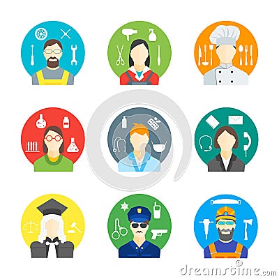 Cartoon Profession People the Avatar in a Circle Color Icons Set. Vector Vector Illustration