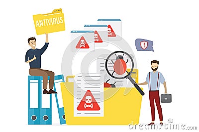 Cartoon programmer and system administrator search viruses and bugs in folders. Antivirus scan. Data protection, cyber crime Vector Illustration