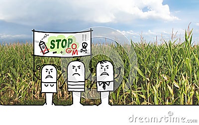 Cartoon Protesting People against GMO and Chemical Agriculture Stock Photo