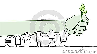 Cartoon Protesting People with Big Green Fist Vector Illustration