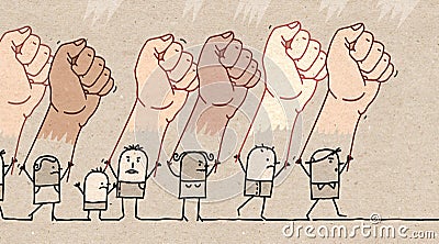 Cartoon Protesting People with Big multi-ethical Raised Fists Stock Photo