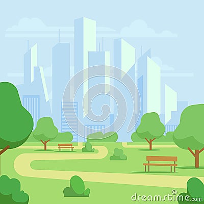 Cartoon public city park with skyscrapers cityscape vector illustration Vector Illustration