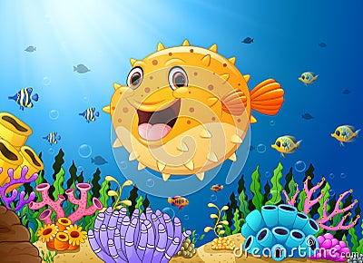 Cartoon puffer fish with sea life Vector Illustration