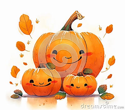 Cartoon pumpkins with funny smiling faces. Watercolor illustration for children's book. Generative AI Cartoon Illustration
