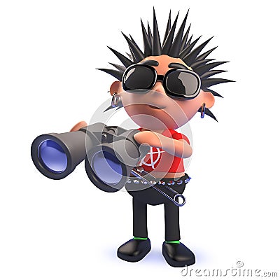 Cartoon punk rocker character using a pair of binoculars in 3d Stock Photo