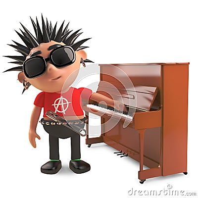 Cartoon punk rocker doesn`t really want to play the piano, 3d illustration Cartoon Illustration