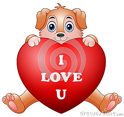 Cartoon puppy holding red heart Vector Illustration