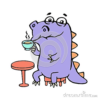 Cartoon purple croc drinking coffee. Vector illustration. Vector Illustration