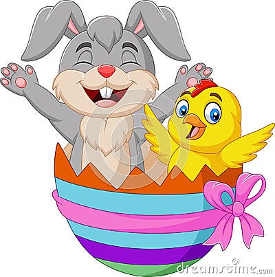 Cartoon rabbit and baby chick inside an Easter egg Vector Illustration