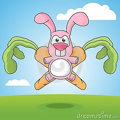 Cartoon Rabbit and Carrots Emblem Vector Illustration