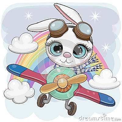 Cartoon Rabbit is flying on a plane Vector Illustration