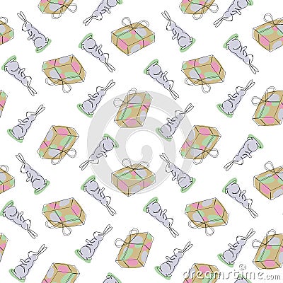 Cartoon rabbit and gift box, seamless christmas pattern for fabrics and bedding and easter wrapping. One continuous line Cartoon Illustration