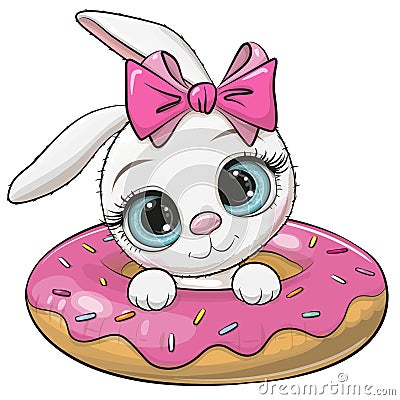 Cartoon Rabbit girl swimming on pool ring donut Vector Illustration