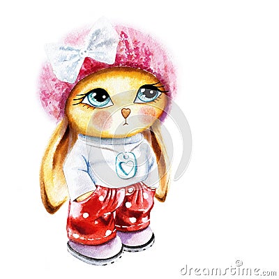 A cartoon rabbit in a knitted hat with big eyes stands. Easter bunny in dresses Stock Photo