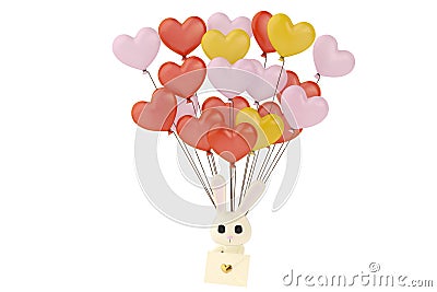 Cartoon rabbit with love letters, hanging on many heart balloon Stock Photo