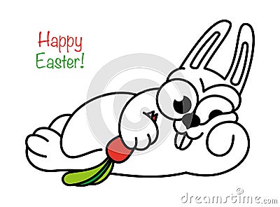 Cartoon rabbit is lying and eating a carrot. Contour design of an easter bunny. Symbol for web sites on a white background Vector Illustration