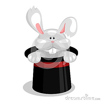 Cartoon rabbit in magician hat vector illustration. Magic trick show white bunny from cap Vector Illustration
