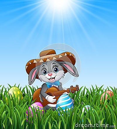 Cartoon rabbit mexican playing guitar and singing in the grass Vector Illustration