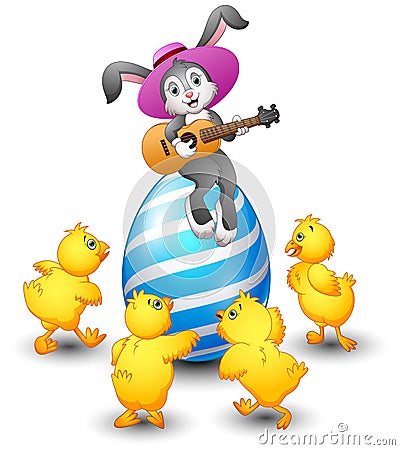 Cartoon rabbit playing guitar on a large egg is decorated and surrounded by chicks Vector Illustration