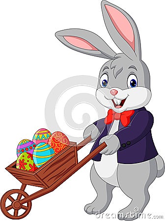 Cartoon rabbit pushing cart full of Easter eggs Vector Illustration