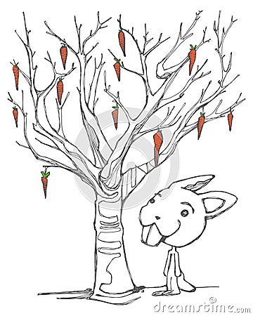 Cartoon of a rabbit and a tree with carrots Cartoon Illustration
