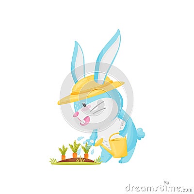 Cartoon rabbit watering garden carrots. Vector illustration. Vector Illustration