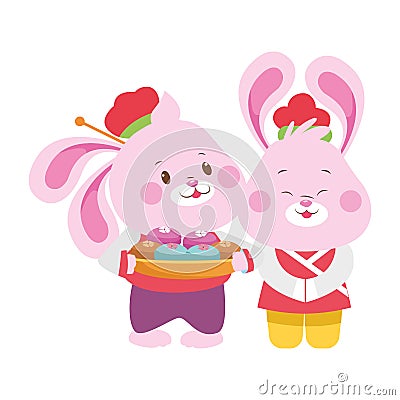 Cartoon rabbits couple with mooncakes Vector Illustration
