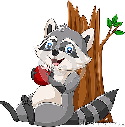 Cartoon raccoon eating a red apple Vector Illustration