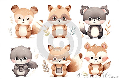 Cartoon raccoon forest animals art drawing set fox character zoo Cartoon Illustration