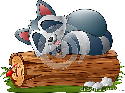 Cartoon raccoon sleeping on the tree log Vector Illustration