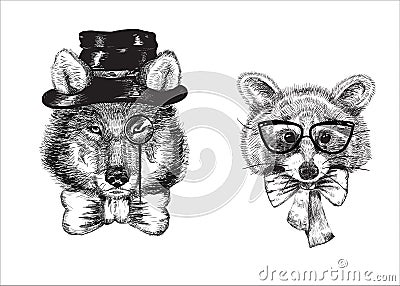 Cartoon raccoon and wolf dressed in bow tie Vector Illustration