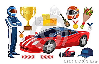 Cartoon racing elements collection. Winner cup, racing helmet, gloves, racer man, trophy medals, sport car. Vector racing set Vector Illustration