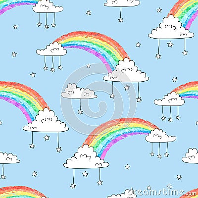 Cartoon rainbows and clouds seamless pattern. Vector Illustration