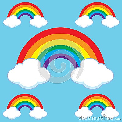 Cartoon Rainbows and Clouds Set Vector Illustration