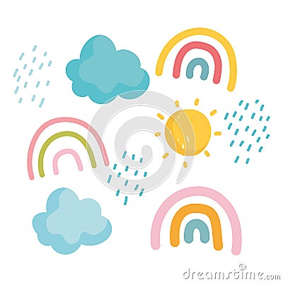 cartoon rainbows sun clouds rain sky icons Vector Illustration
