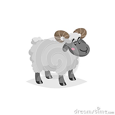 Cartoon ram with horns. Wooly cute male farm animal stay. Vector trendy design illustration Vector Illustration