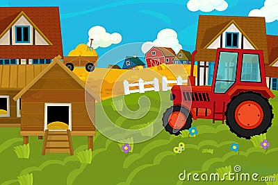 Cartoon ranch farm scene with different wooden buildings - illustration for children Cartoon Illustration