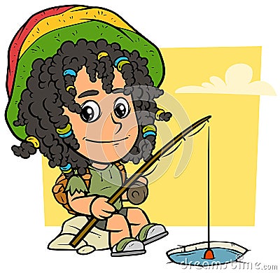 Cartoon rasta boy character with fishing rod Vector Illustration