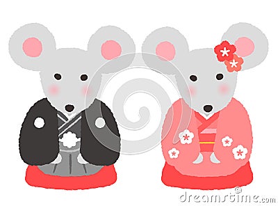 Cartoon rat couple wearing kimono. chinese zodiac year of 2020 New yearâ€™s illustration Vector Illustration