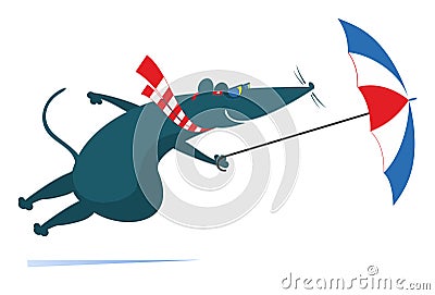 Windy day and rat or mouse with umbrella illustration Vector Illustration