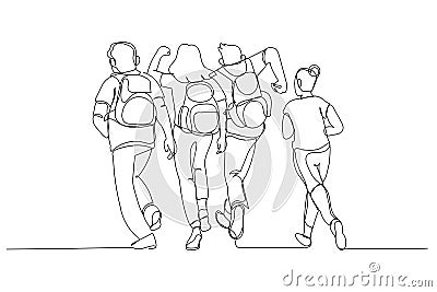 Cartoon of rear view of school people running outside. One line art style Vector Illustration