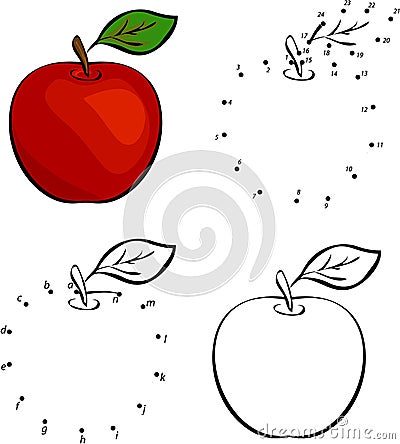 Cartoon red apple. Vector illustration. Coloring and dot to dot Vector Illustration