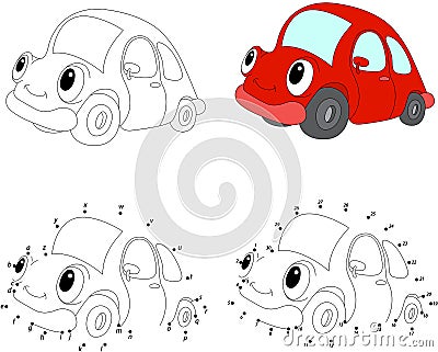 Cartoon red car. Vector illustration. Coloring and dot to dot ga Vector Illustration